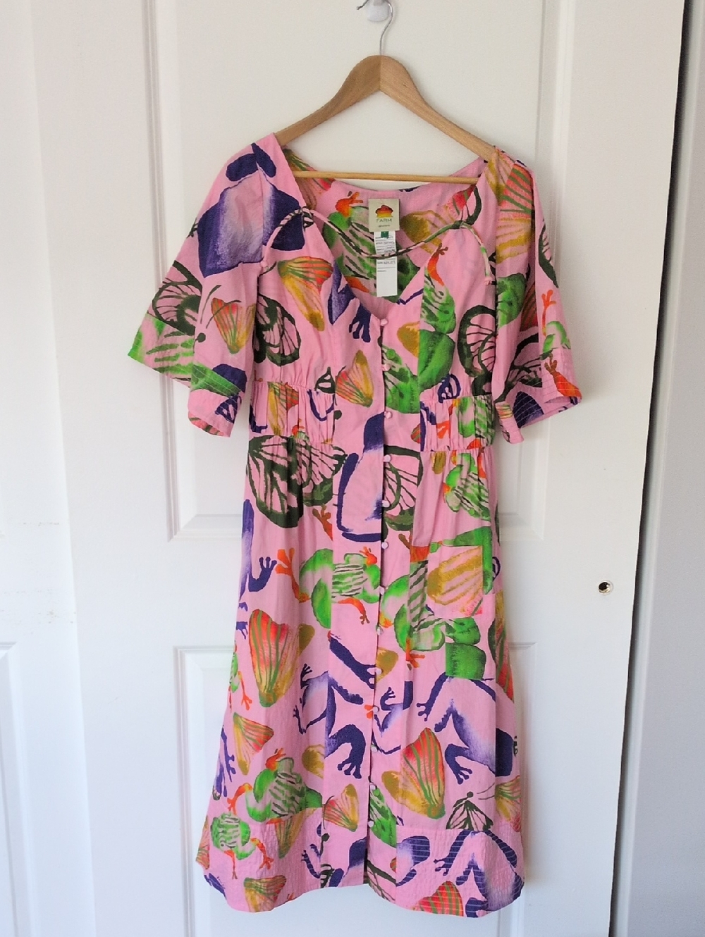 Rare Farm Rio Floral-Print Puff-Sleeve Midi Pink Dress S
